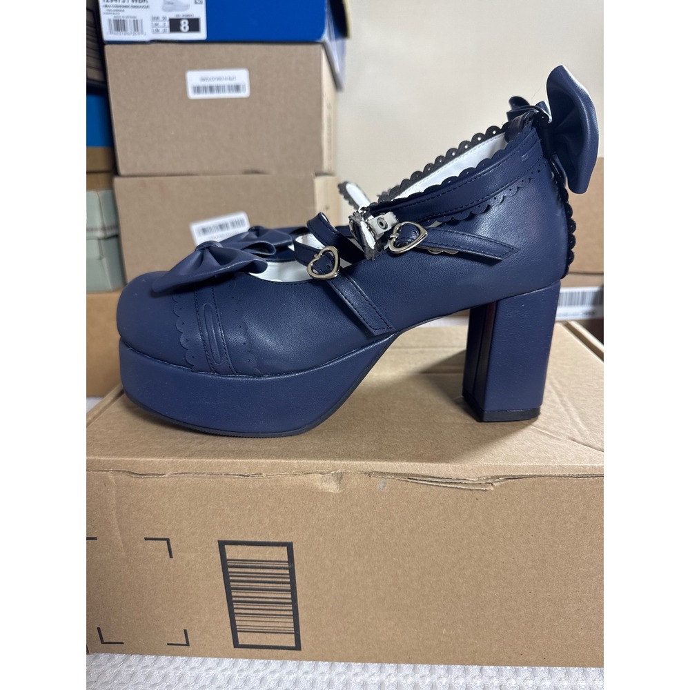 Angelic Imprint Platform Mary Janes Womens 41 Lolita Navy Blue Bow Heart NWOB